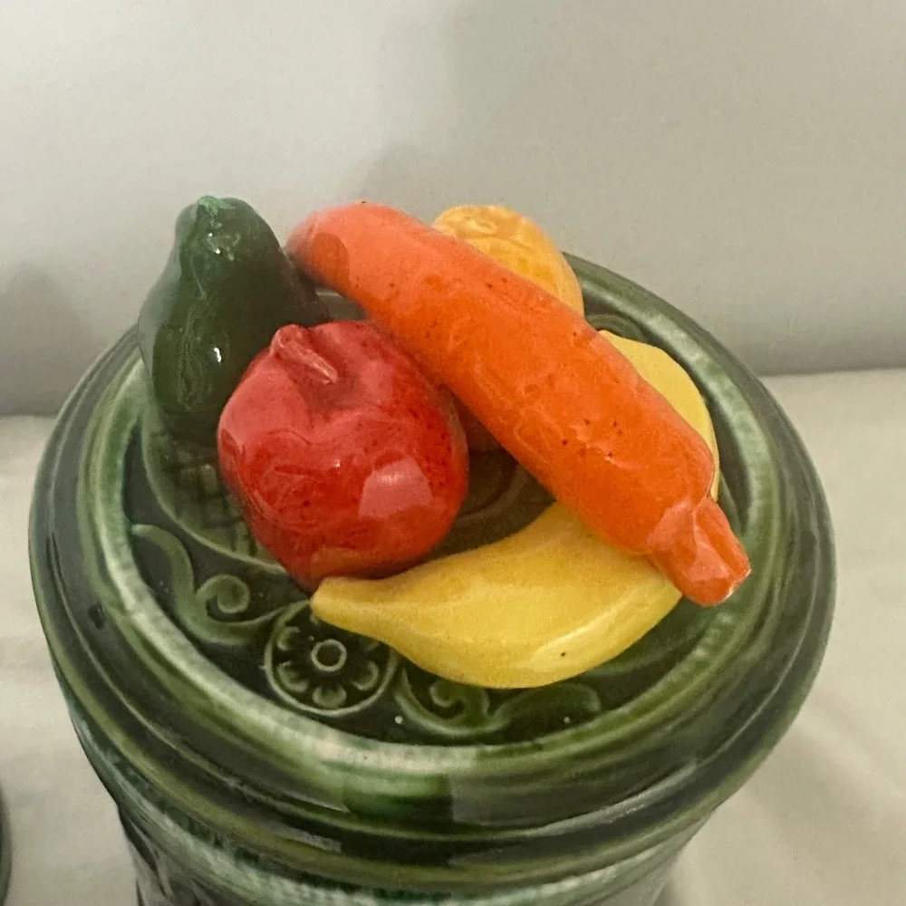 Vintage Fruit Lid Ceramic Canister Avacado Green Tea Flour Jars Good Retro MCM